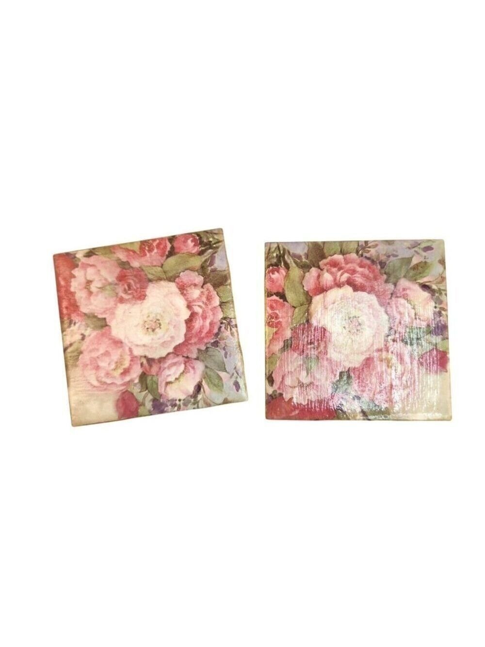 Handcrafted Ceramic Coasters Pink Garden Rose Floral Set of 2 Cork Backing